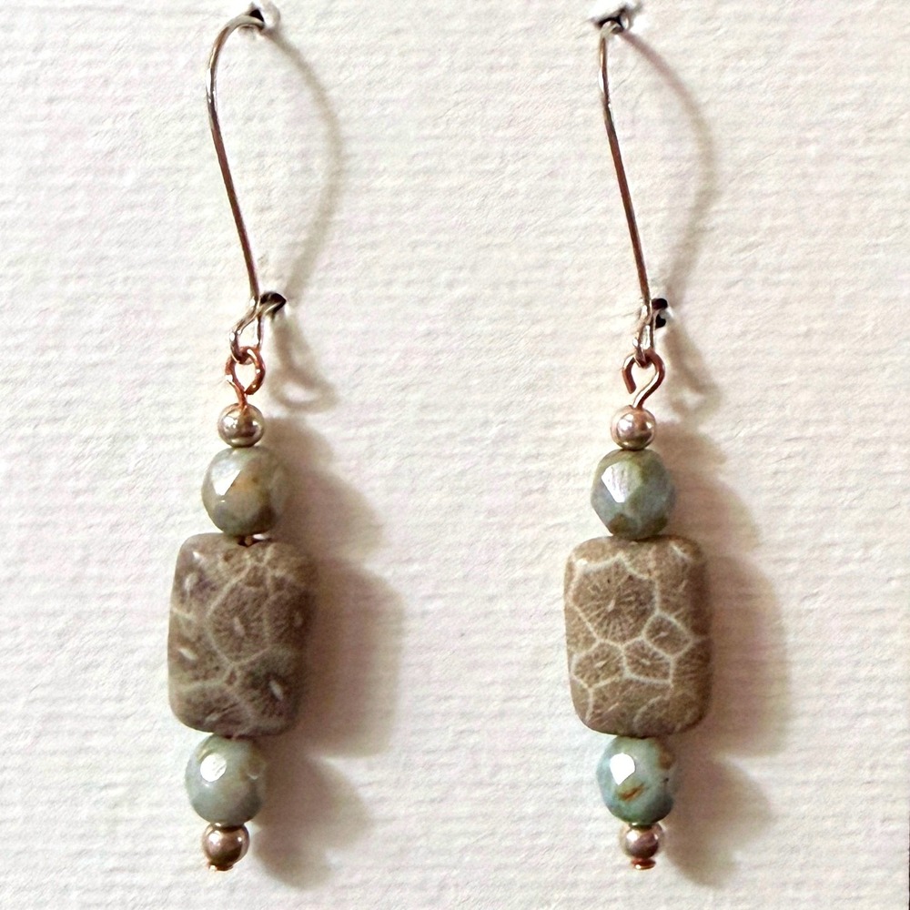 Coral Fossil and Glass Drop‎ Earrings Sage Green Handcrafted by Stephanie Aune